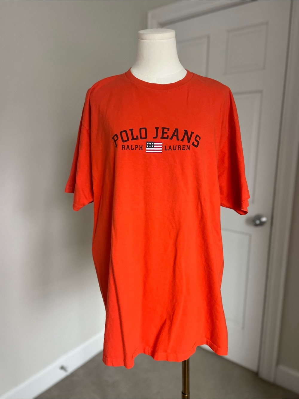Vintage Polo Jeans Co. Ralph Lauren Men's Orange Logo Graphic Crewneck T-Shirt L